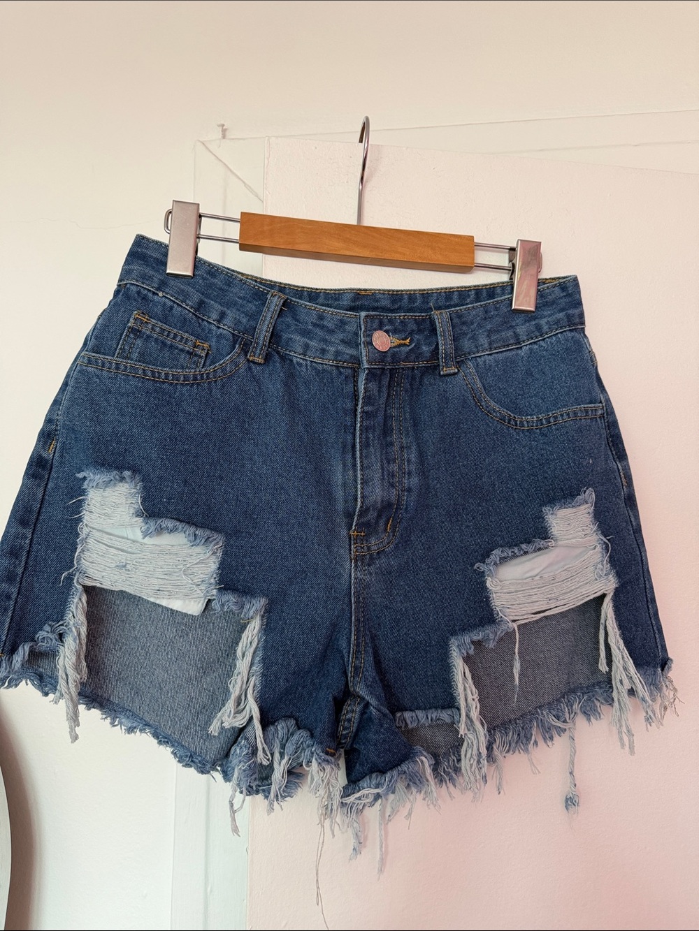 Distressed High-Waist Denim Shorts - Blue